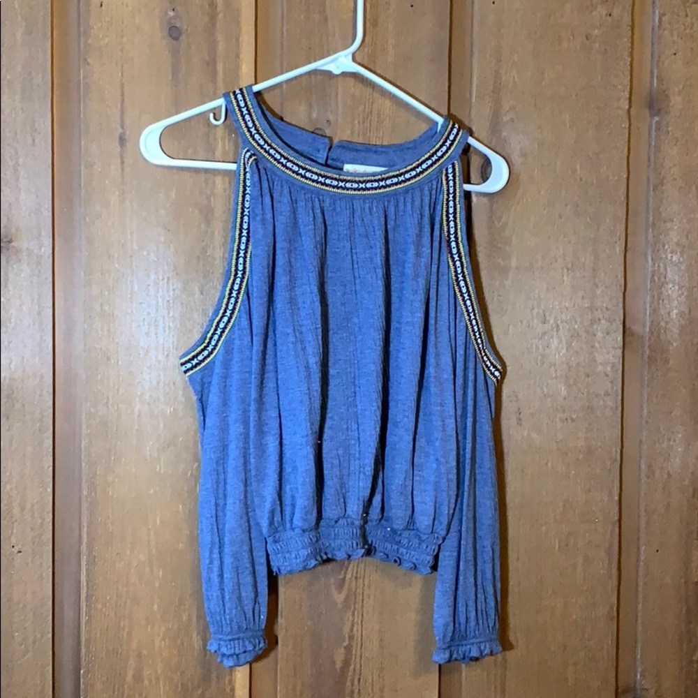blue open shoulder top